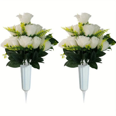 2 Bouquets de Fleurs Artificielles pour Cimetière - Roses Blanches