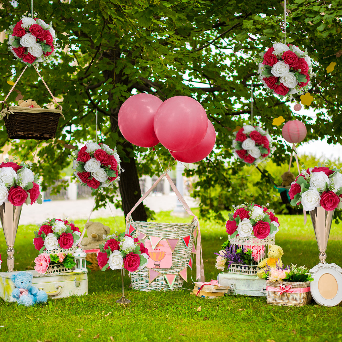 Boule Fleur Artificielle Mariage rose blanc et rouge