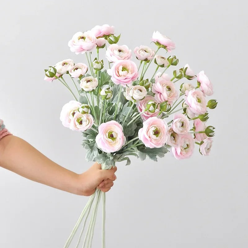 Fausse Renoncule En bouquet rose et blanc